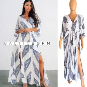 Baltic Born Maxi Dress | Women's Size S  Navy Blue | Coastal Palm Leaf Print